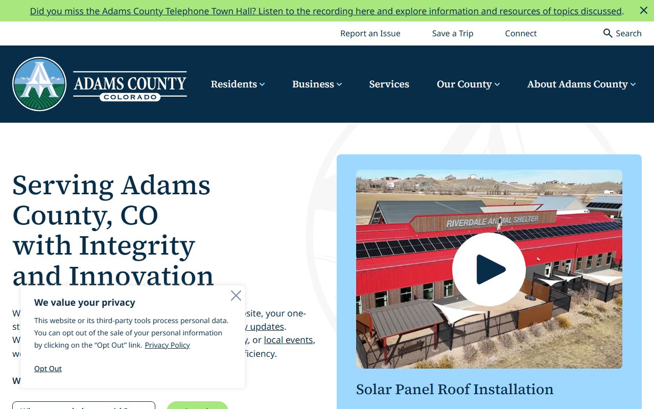 Adams County government homepage with links to public records and sheriff's office