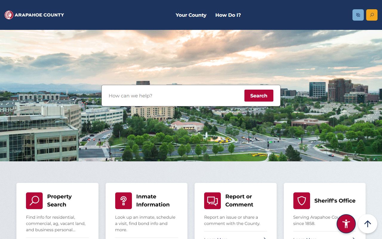 Arapahoe County government homepage with links to sheriff's office and public records