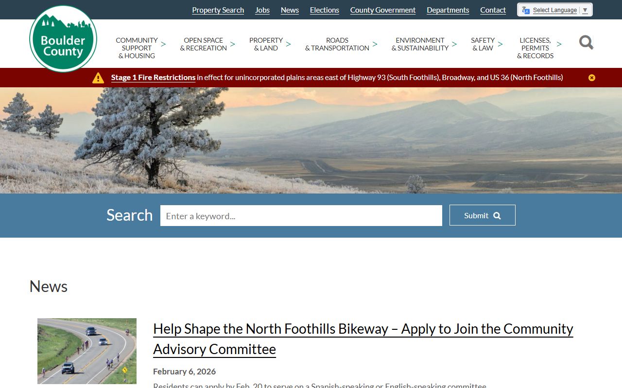 Boulder County government homepage with links to public safety and sheriff's office resources