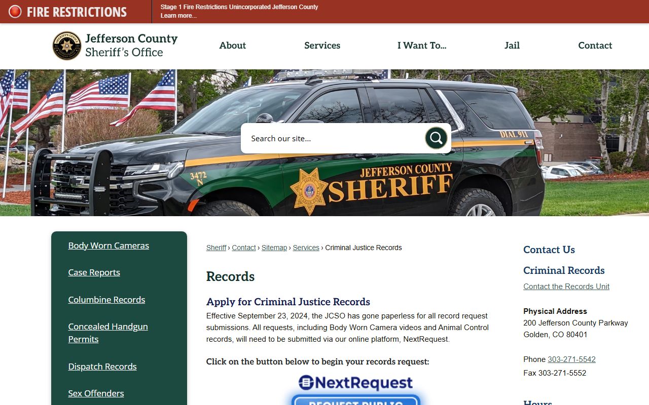 Jefferson County Criminal Justice Records webpage showing online inmate search tools and record request forms