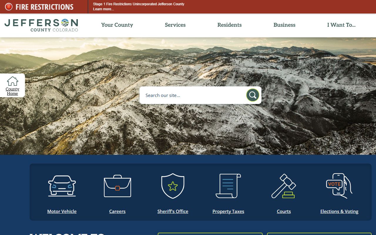 Jefferson County Colorado official government homepage with navigation to public records and sheriff's services