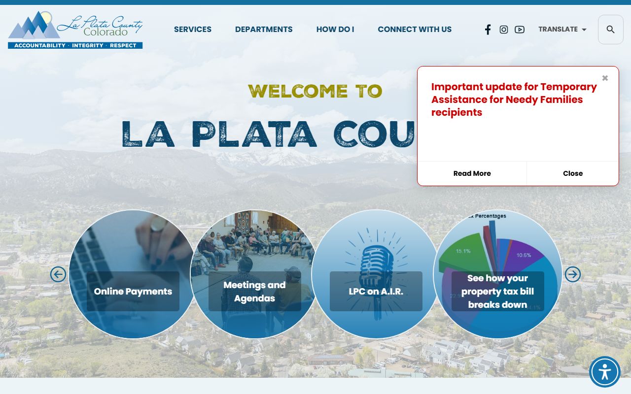 La Plata County government homepage with links to public records and sheriff's office