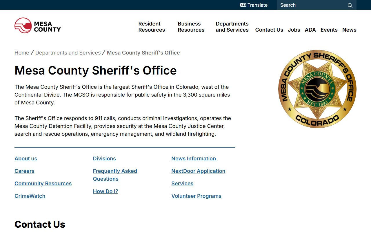 Mesa County Sheriff's Office website showing 72 hour booking records access