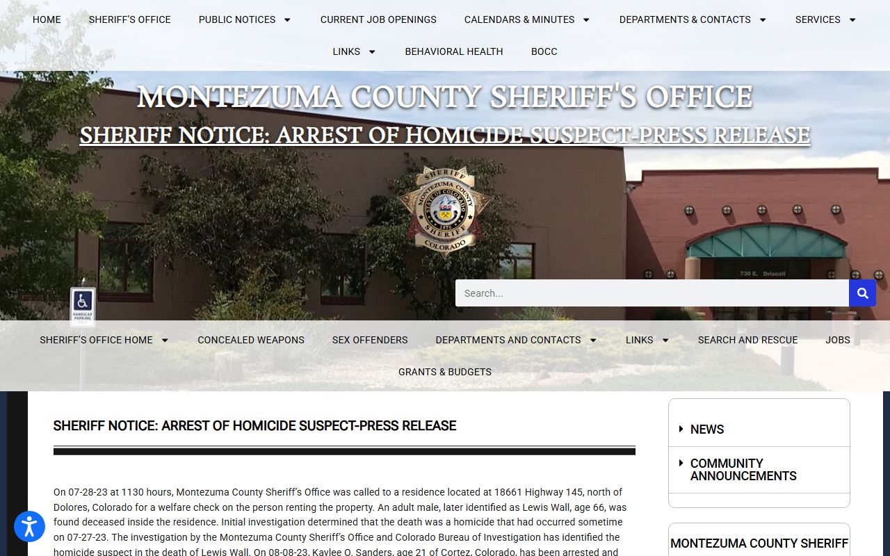 Montezuma County Sheriff's Office website showing 72 hour booking records access