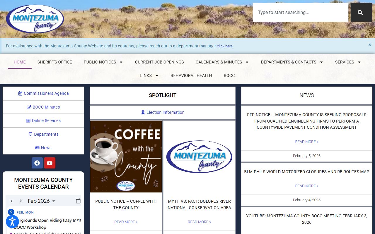 Montezuma County government homepage with links to public records and sheriff's office