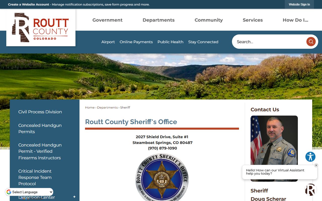 Routt County Sheriff's Office website showing 72 hour booking records access