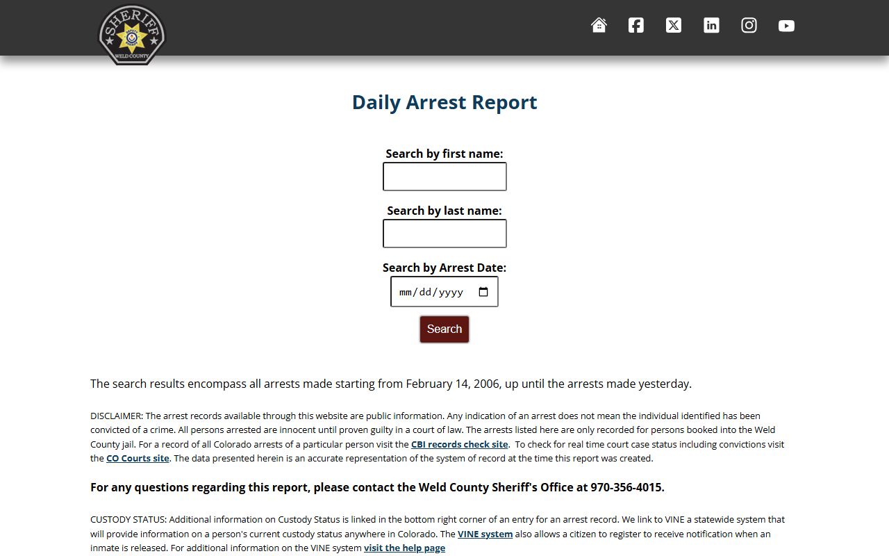 Weld County daily arrests report showing booking records