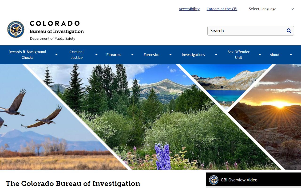 Colorado Bureau of Investigation homepage showing agency services
