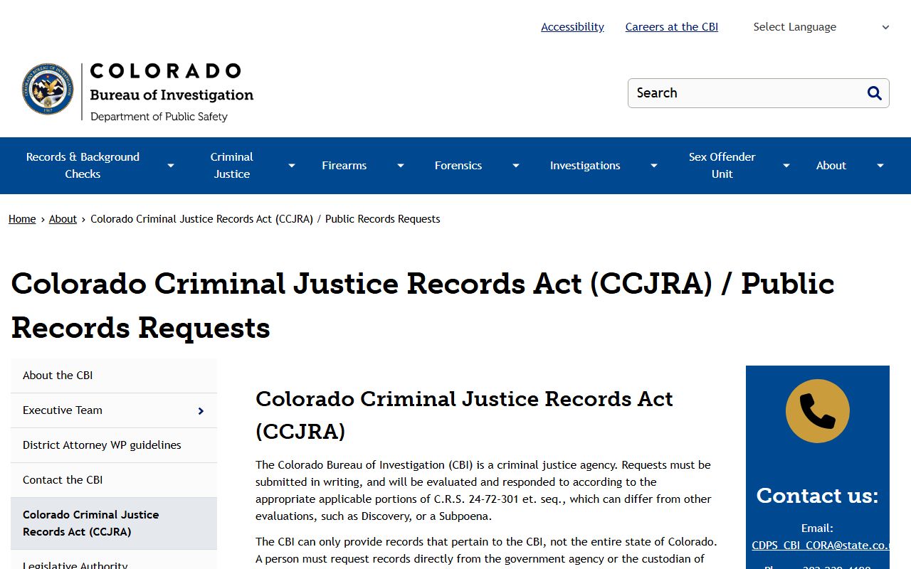 Colorado Criminal Justice Records Act public records request information