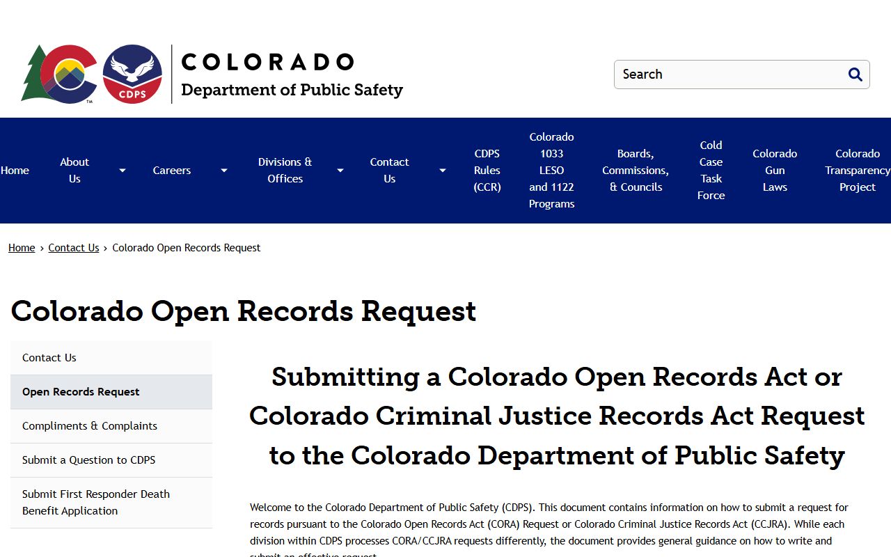 Colorado Open Records Request page on the Department of Public Safety website